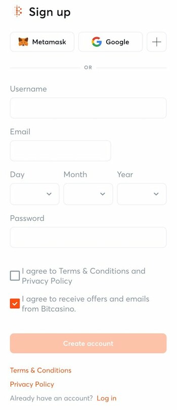 Bitcasino.io Signup Form