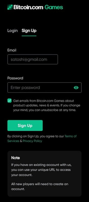 Bitcoin.com Games Registration Form